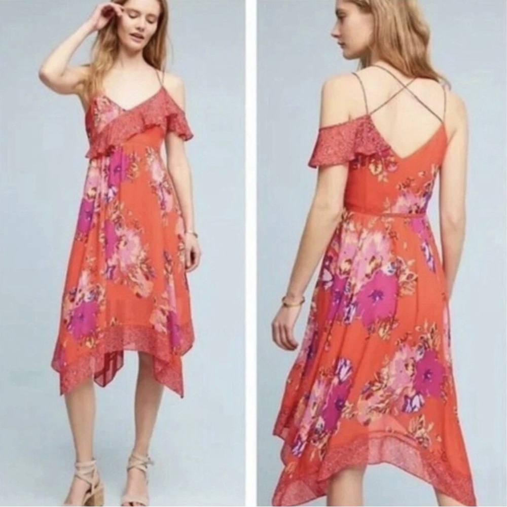 Maeve NEW Grecia Ruffle Floral Asymmetrical Strap Dress 2 Handkerchief NWOT Read